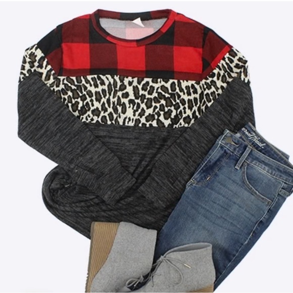 Buffalo Plaid and Leopard Color Block Top - Picture 2 of 5
